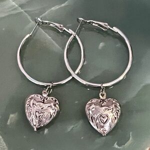 Vintage Heart Charm Hoop Earrings